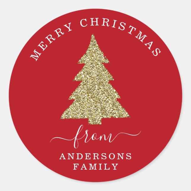 Create Your Own Gold Glitter Christmas Tree Red Classic Round Sticker (Front)