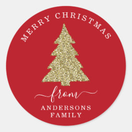 Create Your Own Gold Glitter Christmas Tree Red Classic Round Sticker