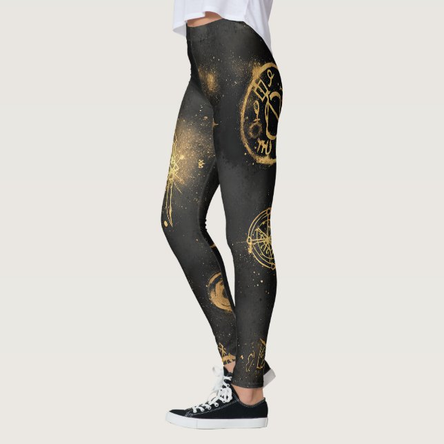 Create Your Own Gold Wizardry Symbols Black Leggings (Left)