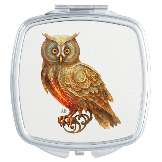 Create Your Own Golden Steampunk Owl Compact Mirror (Front)
