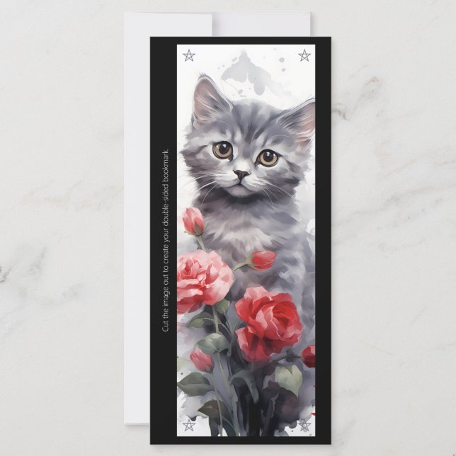 Create Your Own Gray Kitten Red Rose Bookmark Card (Front)