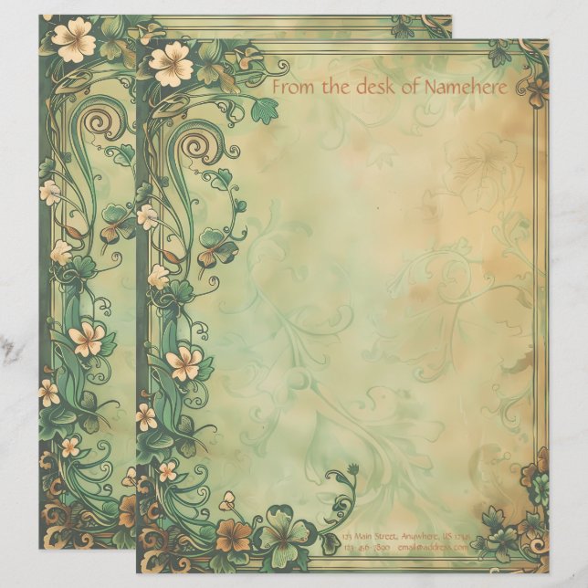 Create Your Own Green Gold Lucky Clover Letterhead (Front/Back)