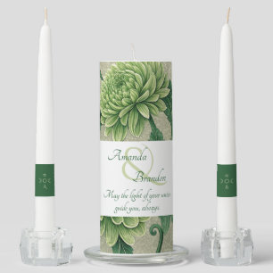 Create Your Own Green Mums Vintage Floral Leafy Unity Candle Set