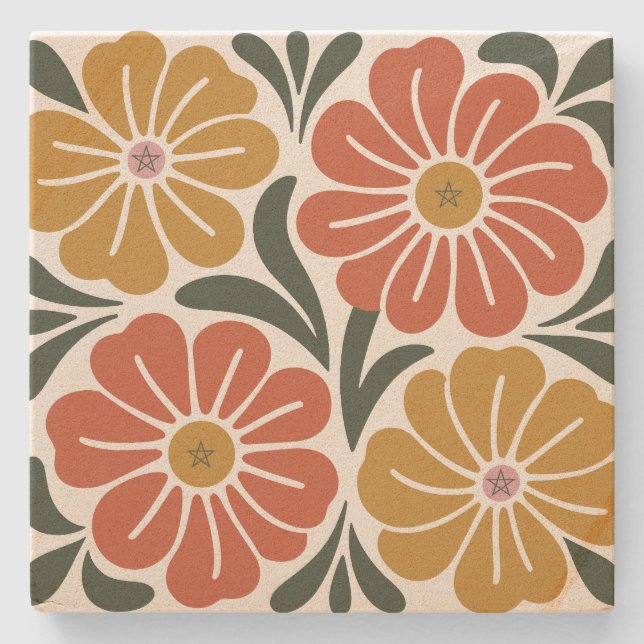 Create Your Own Groovy Retro Cosmos Flowers Stone Coaster (Front)