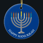 Create Your Own Hanukkah Menorah Ceramic Ornament<br><div class="desc">Create Your Own Hanukkah Menorah Ceramic Ornament. Menorah with nine candles and star of David on a blue festival of lights background on the front and back of the ornament. Happy holiday greetings and name of the family on the back. Place your own text, as desired. Choose the shape of...</div>
