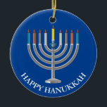 Create Your Own Hanukkah Menorah Ceramic Ornament<br><div class="desc">Create Your Own Hanukkah Menorah Ceramic Ornament. Menorah with nine candles and star of David on a blue festival of lights background on the front and back of the ornament. Happy holiday greetings and name of the family on the back. Place your own text, as desired. Choose the shape of...</div>