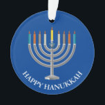 Create Your Own Hanukkah Menorah Ornament<br><div class="desc">Create Your Own Hanukkah Menorah Acrylic Ornament. Menorah with nine candles and star of David on a blue festival of lights background on the front and back of the ornament. Happy holiday greetings and name of the family on the back. Place your own text, as desired. Choose the shape of...</div>