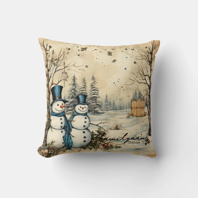 Create Your Own Happy Winter Snowman Couple Throw Pillow (Front)