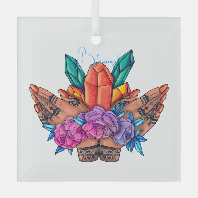 Create Your Own Henna Hands Crystals & Roses Glass Ornament (Front)