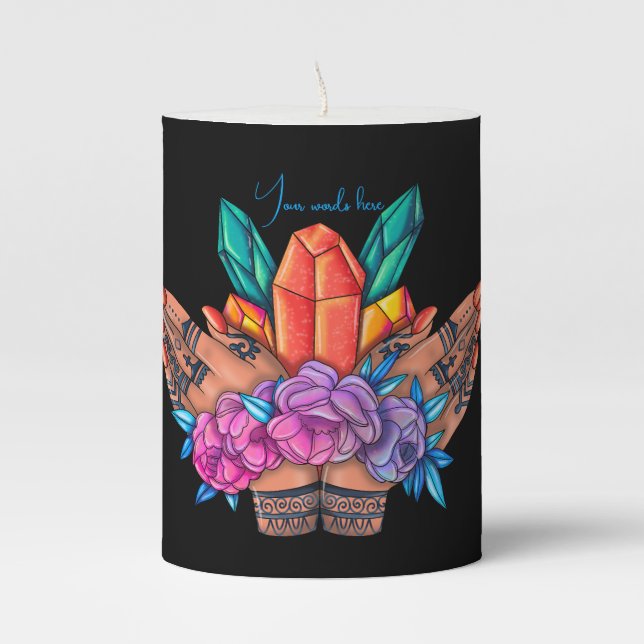 Create Your Own Henna Hands Crystals & Roses Pillar Candle (Front)