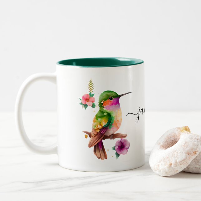 Create Your Own Hummingbird Personalized Add Name  Two-Tone Coffee Mug (With Donut)
