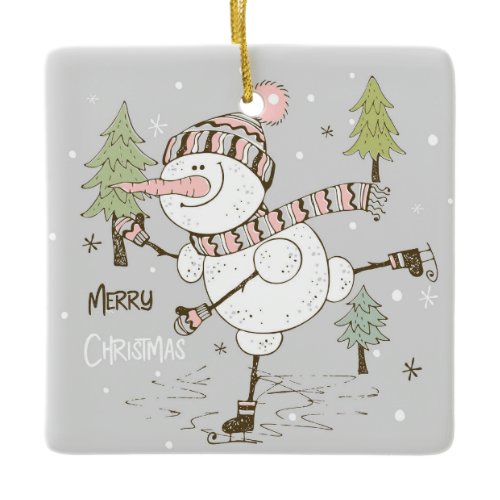 Create Your Own Ice Skating Winter Snowman Ceramic Ornament