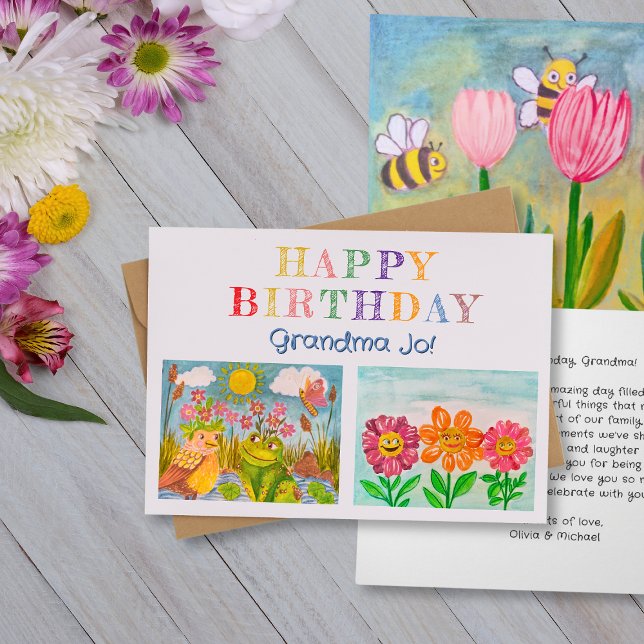 Create Your Own Kid's Art Grandmother Birthday Card (Happy birthday greeting card for grandmother with kid's art.)
