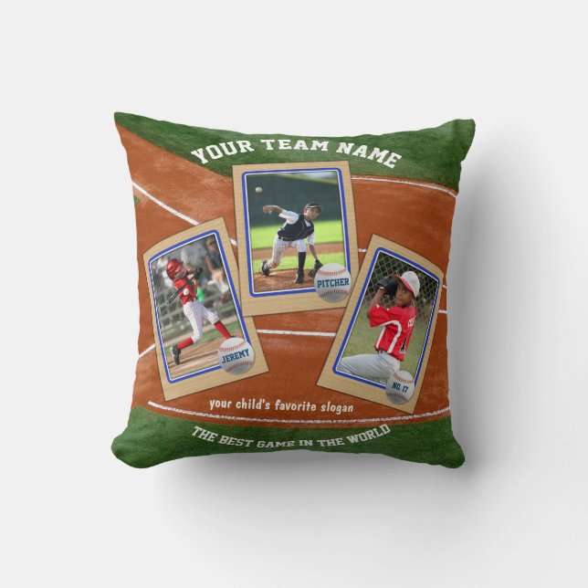 Create Your Own Kid's Baseball Card Sports Collage Throw Pillow (Front)