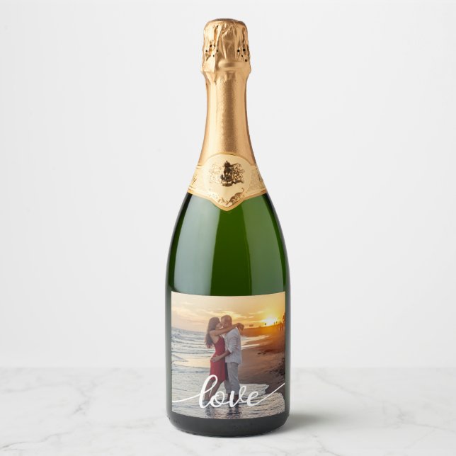Create Your Own Love Script Romantic Couple Photo Sparkling Wine Label (Front)