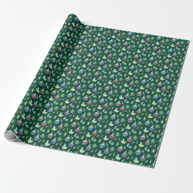 Create Your Own Magic Potions Crystals Green Wrapping Paper (Unrolled)
