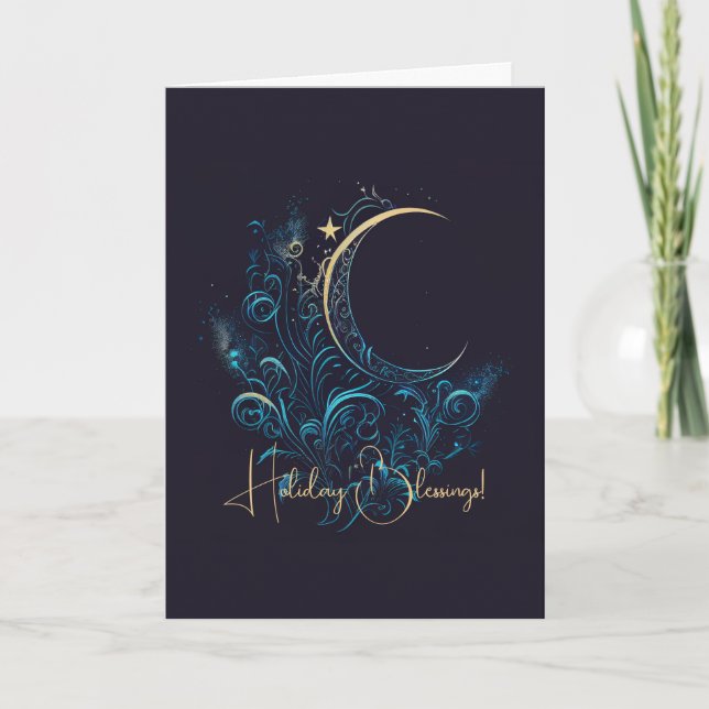 Create Your Own Magical Gold Filigree Moon Holiday Card (Front)