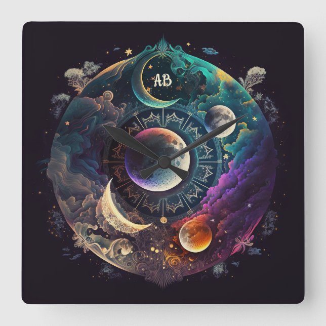 Create Your Own Many Mystical Cloudy Moons Square Wall Clock (Front)