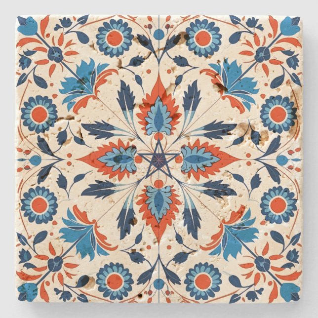 Create Your Own Mediterranean Orange Turquoise Stone Coaster (Front)