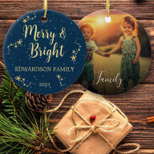 Create your own Merry & Bright family photo Ceramic Ornament