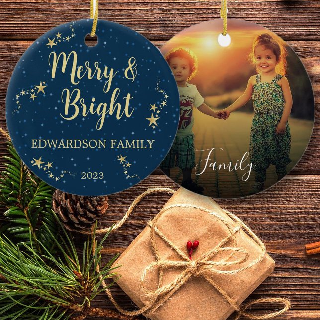 Create your own Merry & Bright family photo Ceramic Ornament (Create your own Merry & Bright family photo Ceramic Ornament. Unique and personal ornament.)