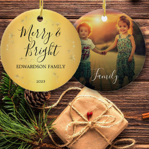 Create your own Merry & Bright family photo Ceramic Ornament