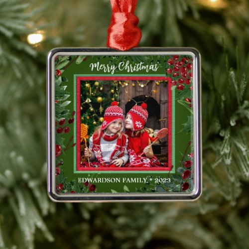 Create your own Merry Christmas family photo Metal Ornament