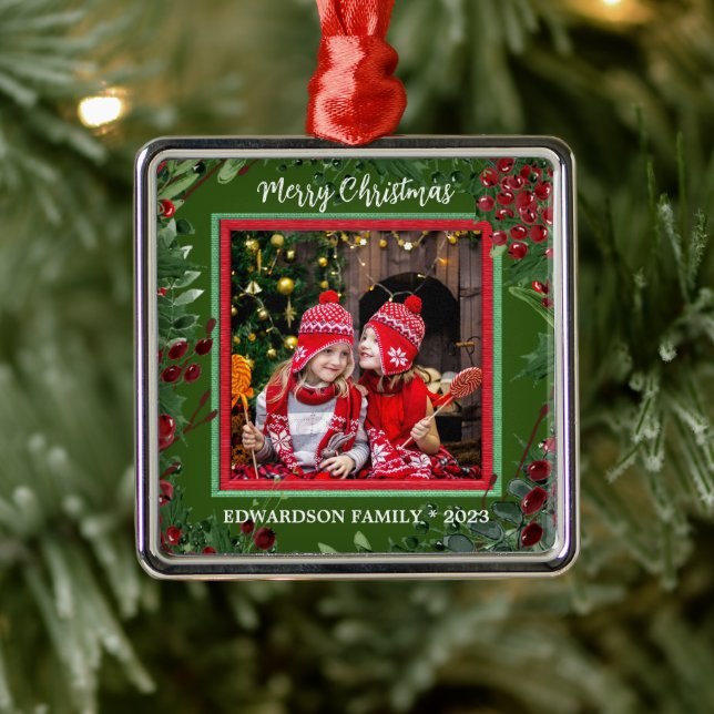 Create your own Merry Christmas family photo Metal Ornament (Tree)