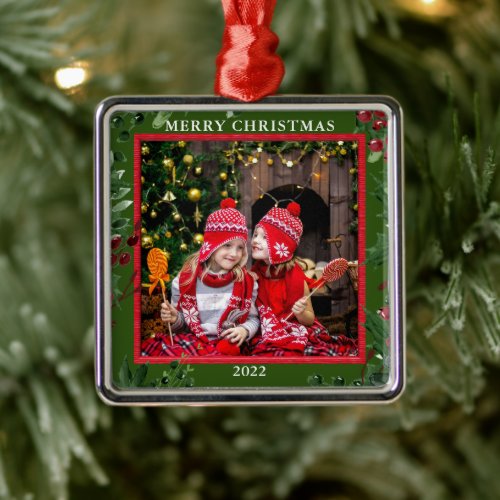 Create your own Merry Christmas family photo Metal Ornament