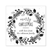 Papermania Folk clear rubber stamp wreath Merry Christmas with holly 4 x 4" 