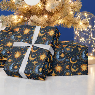 Create Your Own Midnight Blue & Gold Celestial Wrapping Paper