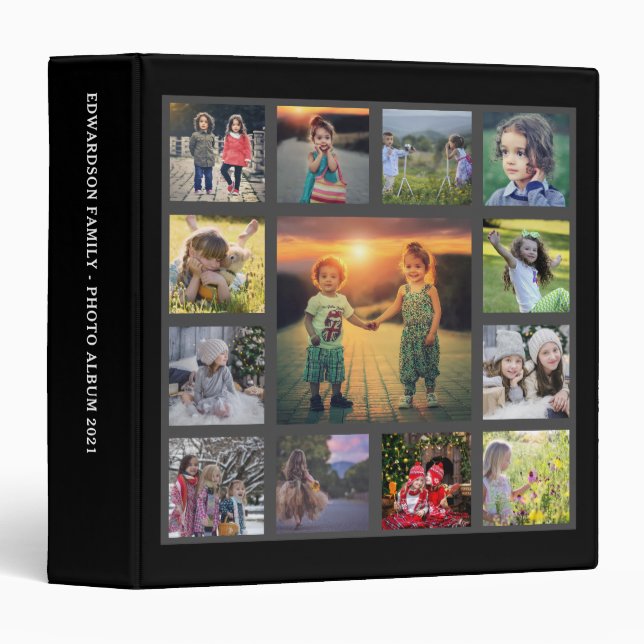 Create your own modern black family photo collage  3 ring binder (Front/Spine)