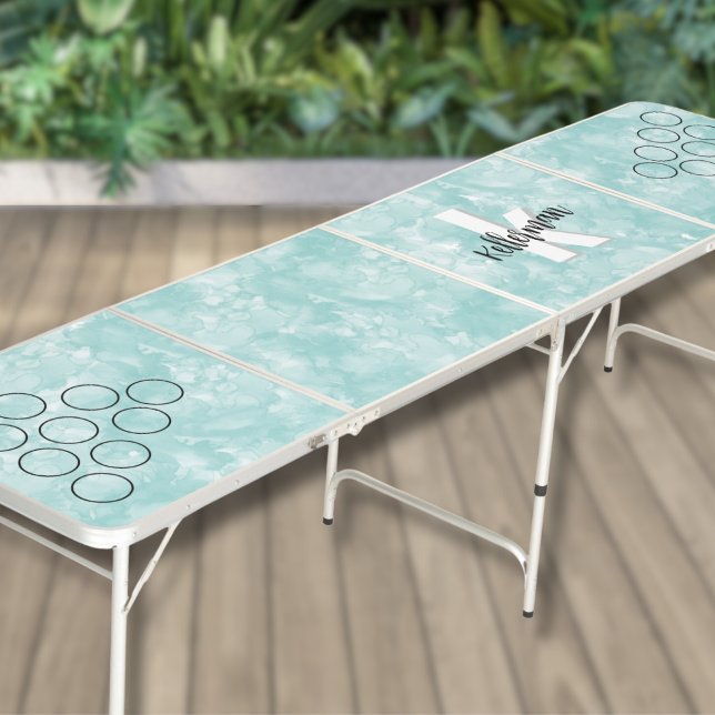 Create Your Own Modern Blue Elegant Monogram Beer Pong Table (Teal Blue Watercolor Marble Name Initial Monogram Beer Pong Table)