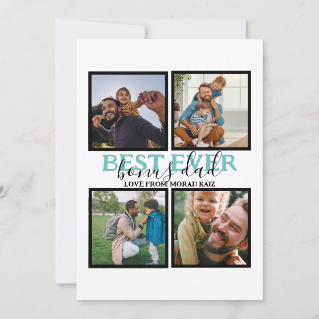 Create your own Modern Bonus Dad 4 Photo Collage Holiday Card (Front)