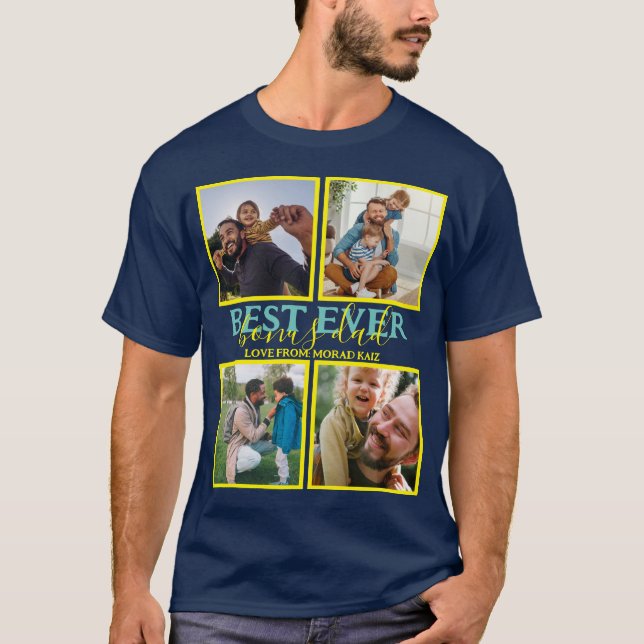Create your own Modern Bonus Dad 4 Photo Collage T-Shirt (Front)