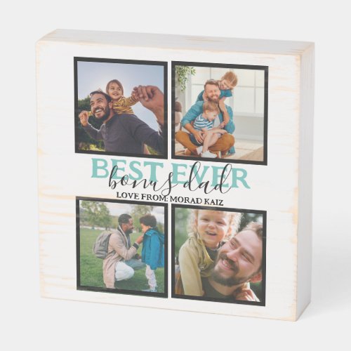 Create your own Modern Bonus Dad 4 Photo Collage Wooden Box Sign