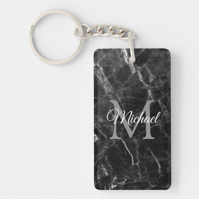 Create Your Own Monogram Black Marble Template Keychain (Front)