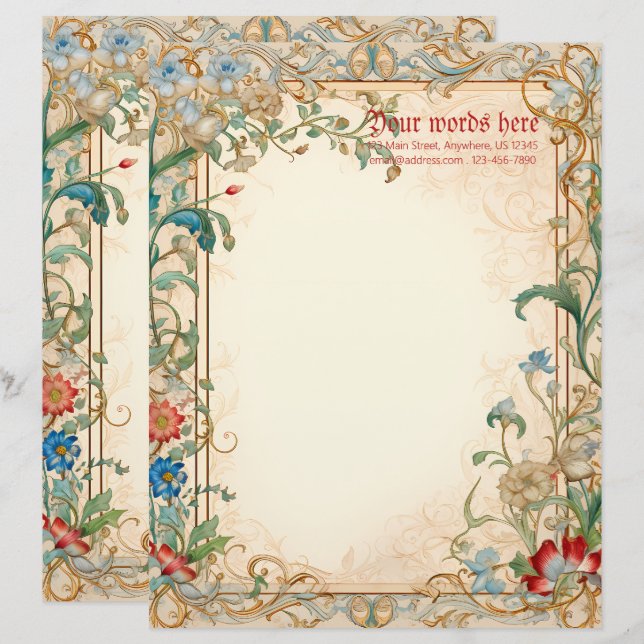 Create Your Own Multicolored Medieval Flowers Letterhead (Front/Back)