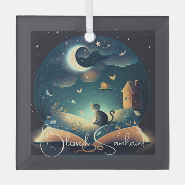 Create Your Own Mystical Black Cat & Grimoire Glass Ornament (Front)
