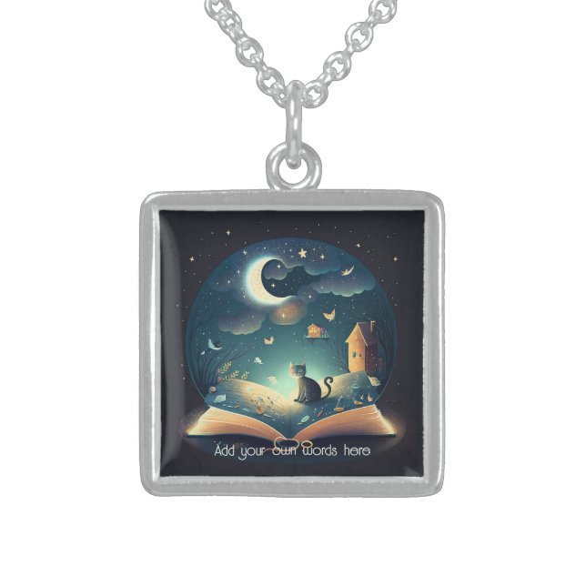 Create Your Own Mystical Black Cat & Grimoire Sterling Silver Necklace (Front)