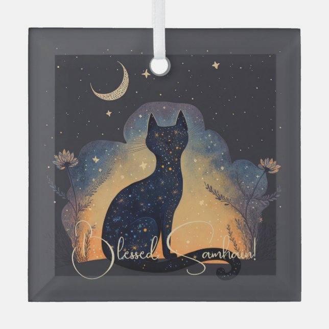 Create Your Own Mystical Black Cat Silhouette Glass Ornament (Front)