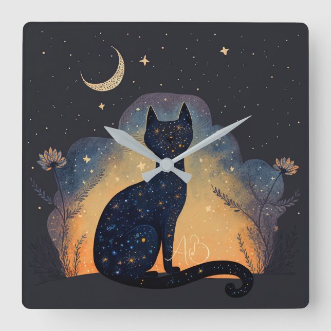 Create Your Own Mystical Black Cat Silhouette Square Wall Clock (Front)