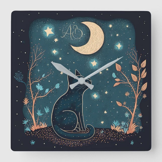 Create Your Own Mystical Black Cat & Wildflowers Square Wall Clock (Front)