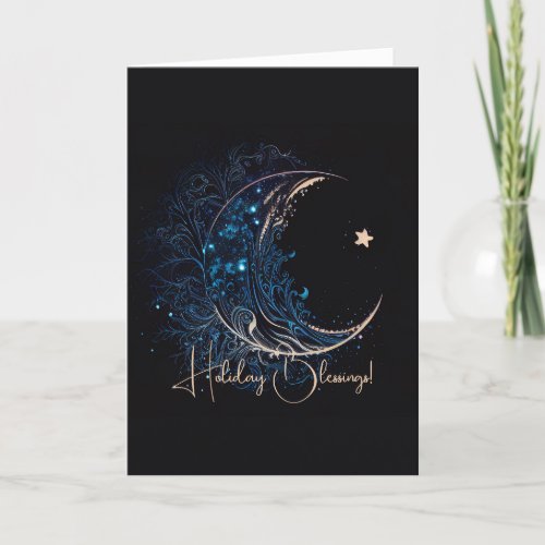 Create Your Own Mystical Blue  Gold Moon Holiday Card