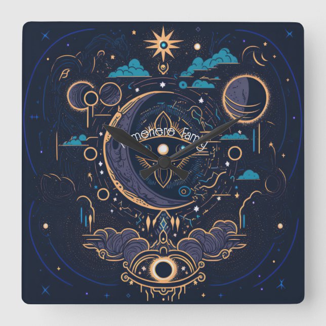 Create Your Own Mystical Celestial Lunar Square Wall Clock (Front)