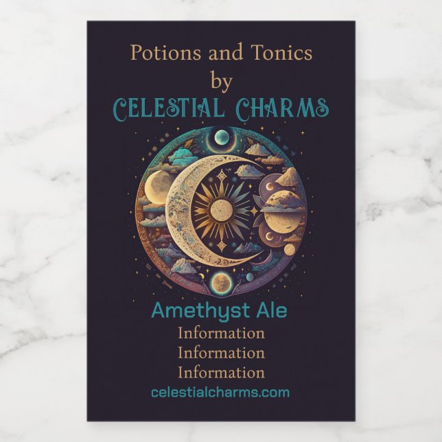 Create Your Own Mystical Crescent Moon & Planets Wine Label (Single Label)