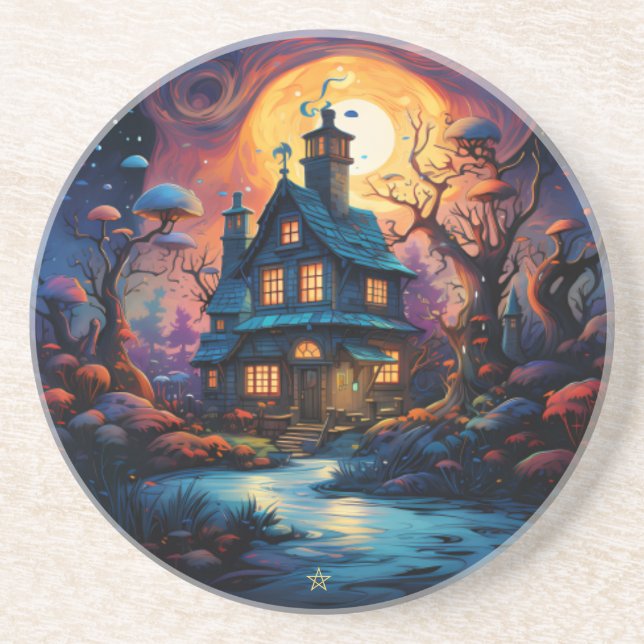 Create Your Own Mystical Moonlit Witch Cottage Coaster (Front)