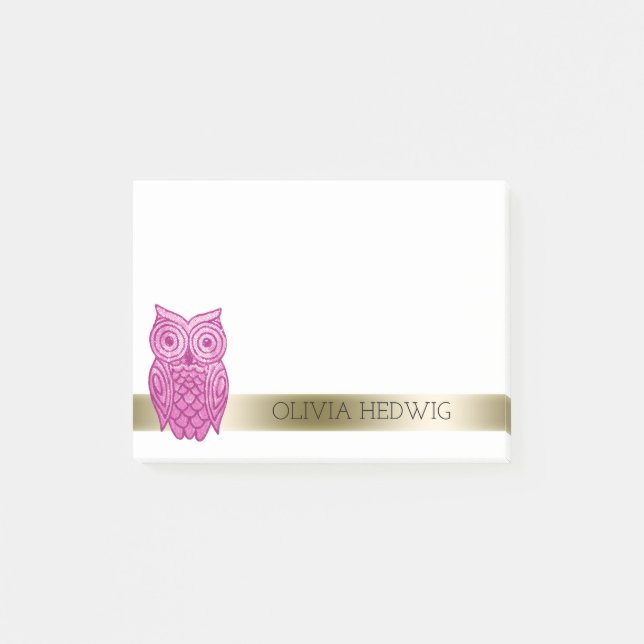 Create Your Own Name | Cute Pink Owl Personalized Post-it Notes (Front)