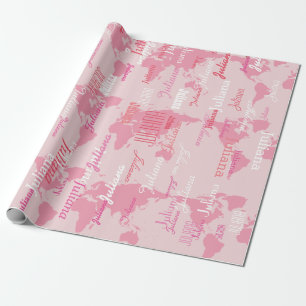 create your own name pattern . pink world maps wrapping paper
