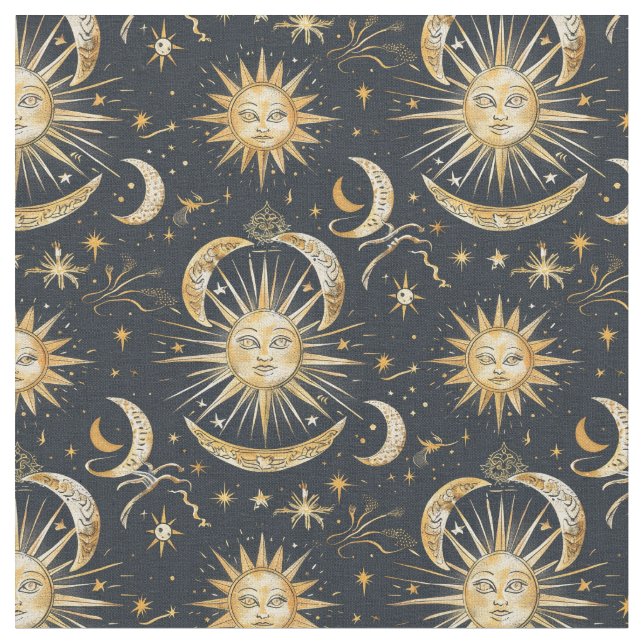 Create Your Own Ornate Celestial Blue & Gold Fabric (Close Up)